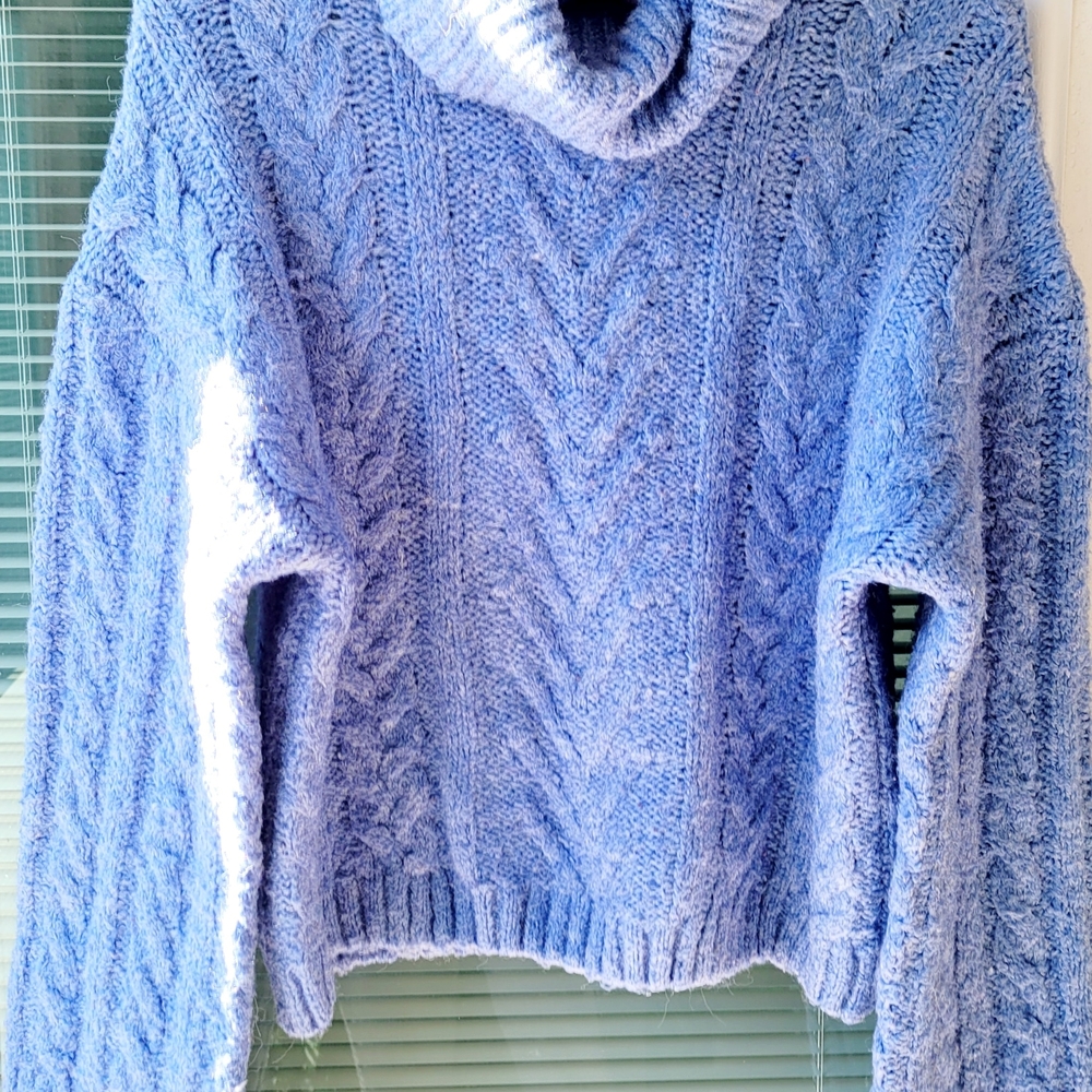 Elegant Blue Cable Knit Cowl neck Sweater